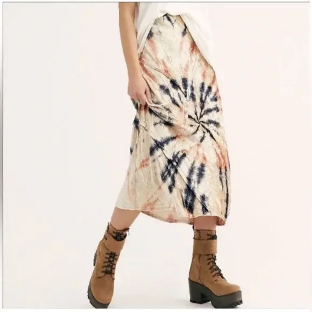 Free People Tie-Dye Midi Skirt - Cream and Blue